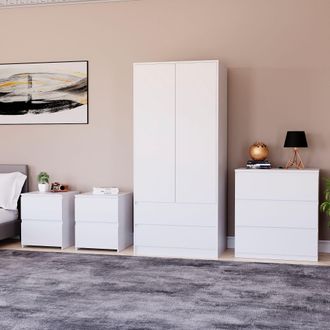 Home Discount Vida Designs Denver 4Pc Bedroom Set(2 Bedside, 3 Drawer Chest, Wardrobe) in White