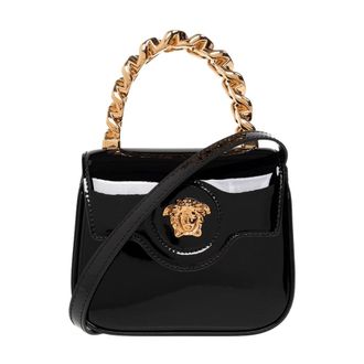 Versace Handbags, female, Black, Size: ONE SIZE La Medusa Mini patent-leather shoulder bag