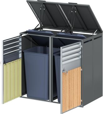 STILVORA Armario Para Cubos De Basura Con Tapa Doble Abatible Hidr&aacute;ulica Y Puertas Con Cerradura En Acero Gris Madera