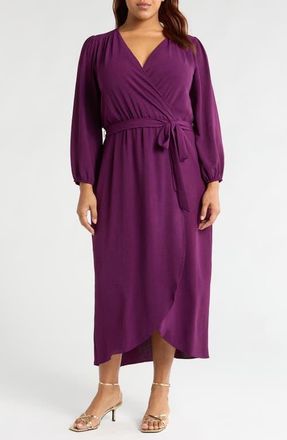 Connected Tie Waist Long Sleeve Wrap Dress in Plum at Nordstrom, Size 24W