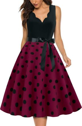 Generic Womens 50s 60s Retro V Neck Polka Dot Print A Line Rockabilly Dress Sleeveless Vintage Swing Prom Party Dresses Cocktail Party Wedding Guest Formal Dr