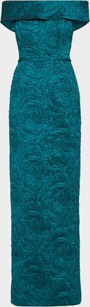 Teri Jon Off-Shoulder Jacquard Column Gown