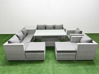 Fimous 8 PCs Rising Dining Table Set Rattan Furniture Set with 3 Seater Sofa in Light Grey