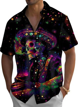 Generic Day of Dead Skeleton Button Down Shirts for Men, Fashion Flower Skull Graphic Printed Lapel Short Sleeve Hawaiian Shirt