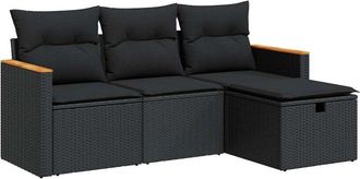 vidaXL Juego De Sof&aacute;s Jard&iacute;n 4 Pzas Con Cojines Rat&aacute;n Sint&eacute;tico Negro Vidaxl