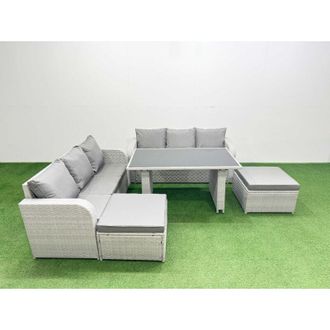 Fimous Fimous - 8 Seater Rattan Outdoor Dining Table 3 Seater Sofa Set with 2 Big Stools Light Grey