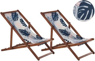 Beliani Beliani - Conjunto De 2 Tumbonas De Jard&iacute;n De Madera De Acacia Oscura Azul Beige Blanco Hojas De Palma Reclinable Plegable Anzio