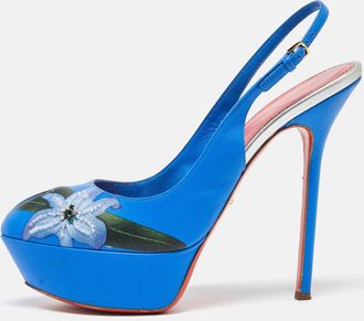 Sergio Rossi Blue Leather Peep Toe Platform Slingback Pumps