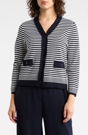 Adrianna Papell Frayed Trim Stripe Cardigan in Navy/Ivory at Nordstrom Rack, Size X-Small