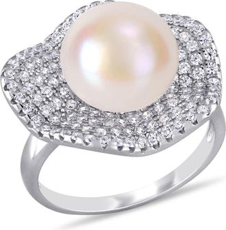Amour 11 - 11.5 Mm Cultured Freshwater Pearl and 1 3/8 CT TGW Cubic Zirconia Wavy Clustered Halo Ring In Sterling Silver