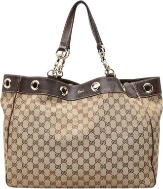 Gucci Gg Canvas Beige Brown Gg Canvas Leather Handbag Tote Bag (Pre-Owned)