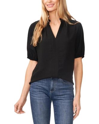 CeCe by Cynthia Steffe Top Womens Rich Black Ruffle Puff Sleeve Split Neck Blouse GBO2149
