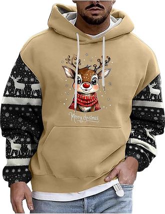 Generic Mens Christmas Hoodie Sweatshirt Mens Christmas Print Hooded Long Sleeve Hoodies Top Funny Christmas Jumpers Santa Festive Sweatshirt Xmas Party Hoode