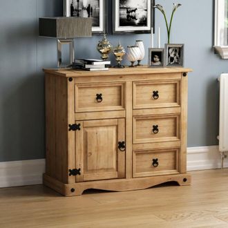 Home Discount Home Discount - Corona Solid Pine Sideboard 1 Door 3 Drawer Cabinet Cupboard Storage