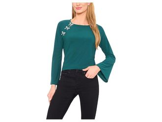 CeCe by Cynthia Steffe Pearl Bow Applique Long Sleeve Knit Top Womens Clothing Darkforest : MD, Polyester/Spandex