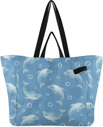 Generic Underwater Dolphins Blue print Reusable Canvas Tote Bag, Heavy Duty Grocery Shopping Bag with Hard Bottom Double Handles Large Capacity Work Groceries