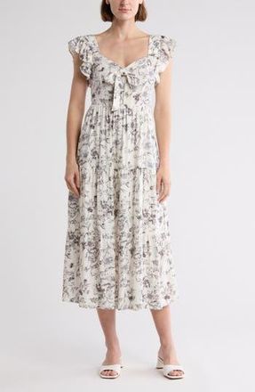 August Sky Smocked Bow Detail Midi Dress in Black Multi at Nordstrom Rack, Size Medium