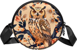 Generic Circle Crossbody Bag for Women, Owl Branches Small Sling Bag Daypack with Zipper Adjustable Shoulder Straps Casual Ladies Girls Round Purse