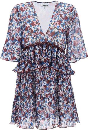 Ganni Mini-jurk met plooien en bloemenmotief - Dames - Korte kleedjes - Veelkleurig - S - Polyester - Kleedjes
