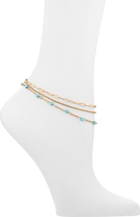 BP. Set of 3 Assorted Station Bead & Chain Anklets in Gold- Turquoise at Nordstrom
