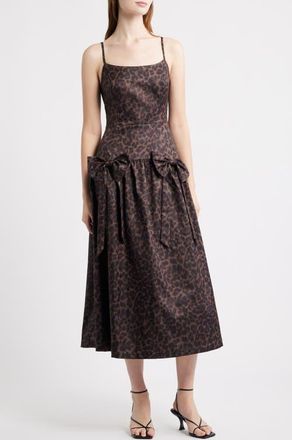 Moon River Leopard Bow Front Satin Midi Cocktail Dress at Nordstrom, Size X-Small