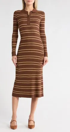 Moon River Stripe Quarter Zip Midi Dress in Brown at Nordstrom Rack, Size X-Small
