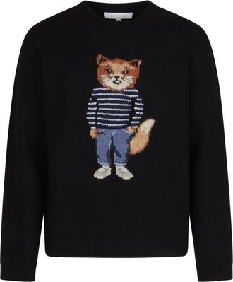 Maison Kitsun&eacute; Dressed Fox Intarsia Wollen Trui - Heren - Ronde hals truien - Zwart - XL - Wol - Truien & Vesten