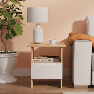 Lewis's Milan Bottom Drawer Lamp Table in White Gloss & Bardolino Oak - Ready Assembled - Lewiss Home | TJ Hughes