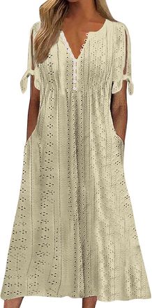 Generic Summer Dresses for Women Loose Casual Maxi Dress Short Sleeve V Neck Tunic Flowy Pleated Beach Sundress Plus Size Ladies Boho Dress Holiday Dresses