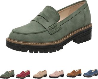 Generic Womens Plus Size Casual Retro Suede Loafers,with Chunky Heel Platform,Comfortable Slip on Work (Green,5.5)