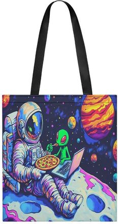 Generic Astronaut Aliens Pizza Womens Tote Casual Shopping Bag Lightweight Shoulder Bags Hobos Handbag for Work Travel Daily 35x40cm