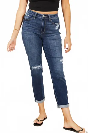 Judy Blue High Waist Distressed Boyfriend Jeans In Dark Wash