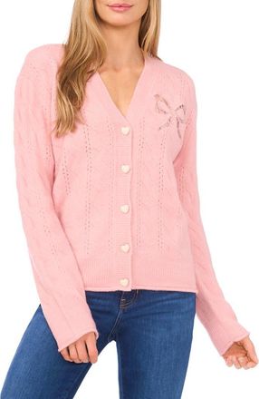 CeCe by Cynthia Steffe Pointelle Stitch Lace Bow Cardigan in Coral Blush at Nordstrom, Size X-Large