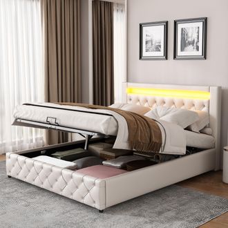 Matteo Functional Upholstered Bed with Slatted Frame & Storage in Beige