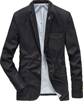 Generic Long Sleeve Mens Slim Fit Denim Blazer Business Suit Jacket Two Button Jean Jackets Sport Coat Black X-Large