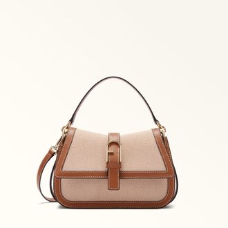 Furla Flow Top Handle M Toni Cognac Brown Canvas Fabric + Sidney Calf Leather Woman