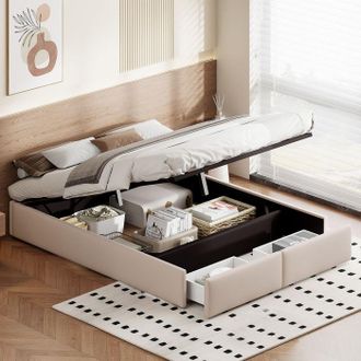 OEM Cama Tapizada En Lino Beige, Cama Con Arc&oacute;n 140x200 Cm Con 2 Cajones + Almacenamiento Hidr&aacute;ulico, Cama Para Adultos Con Somier, Sin Cabecero