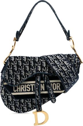 Dior Borsa a spalla Saddle in velluto con ricamo e motivo Oblique 2020 - Blu