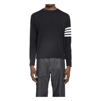 Thom Browne Round-neck Knitwear, male, Blue, Size: 2XL Classic Crewneck Pullover w/ 4 Bar Sleeve in Fine