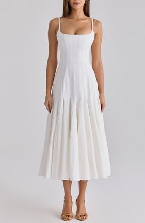 House of CB Vionne Pleated Stretch Pima Cotton Fit & Flare Cocktail Dress in White at Nordstrom, Size X-Large