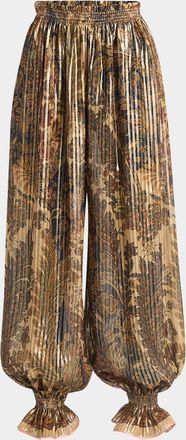 Valentino Garavani Metallic Voyage Pleated Wide-Leg Pull-On Pants
