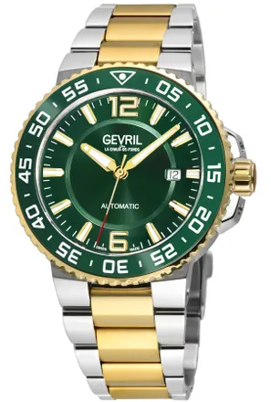Gevril Group Mens RiverSide Swiss Automatic Watch, IPYG Bezel, Green Ceramic Ring, Glossy Dial, Two toned SS/IPYG Stainelss Steel Bracelet - Silver & Gold - One Si