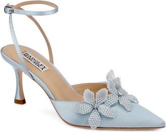Badgley Mischka Whitman Ankle Strap Pointed Toe Pump in Mist Blue Satin at Nordstrom, Size 8.5