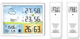 OEM Estaci&oacute;n Meteorol&oacute;gica Inal&aacute;mbrica Con 2 Sensores Exteriores, Radio Reloj, Despertador Para Interiores Y Exteriores, Temperatura Y Humedad, Pantalla A