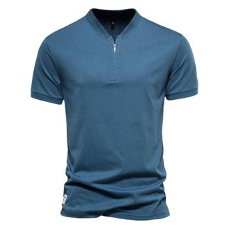 Generic Mens Cotton T-Shirt Solid Color Casual V-Neck Zip Top T-Shirt JeansBlue EUR XL 90-100kg