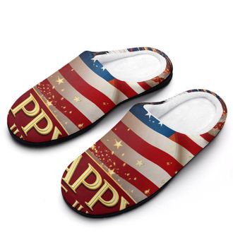 Generic Fireworks Fourth of July U.S. Flag Mens House Slippers Memory Foam Washable Cotton Slip on Home Shoes