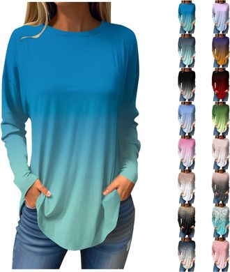 Generic Todays offers Special Deals Tunic Tops for Women Fashion Gradient Dye Long Sleeve Pullover Tops Plus Size Crewneck T Shirts Casual Oversized Sweatshir