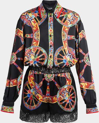 Dolce & Gabbana Carretto-Print Silk Long-Sleeve Collared Romper