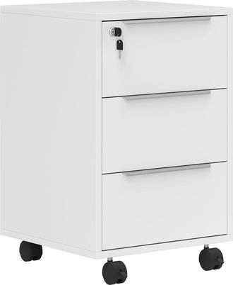 HOMCOM Modern 3-Drawer Locking File Cabinet Mobile Filing Cabinet - White | TJ Hughes