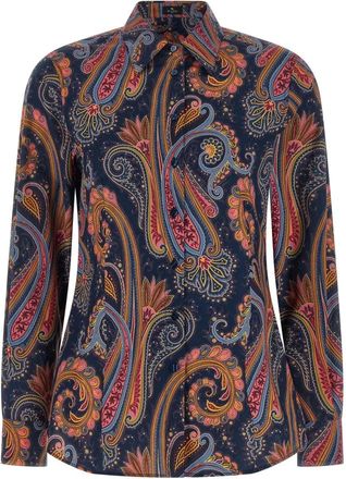 Etro Overhemden, Dames, Blauw, XS, Katoen, Stretch Cotton Shirt With Leafy Paisley Motif